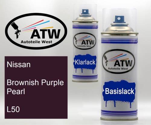 Nissan, Brownish Purple Pearl, L50: 400ml Sprühdose + 400ml Klarlack - Set, von ATW Autoteile West.